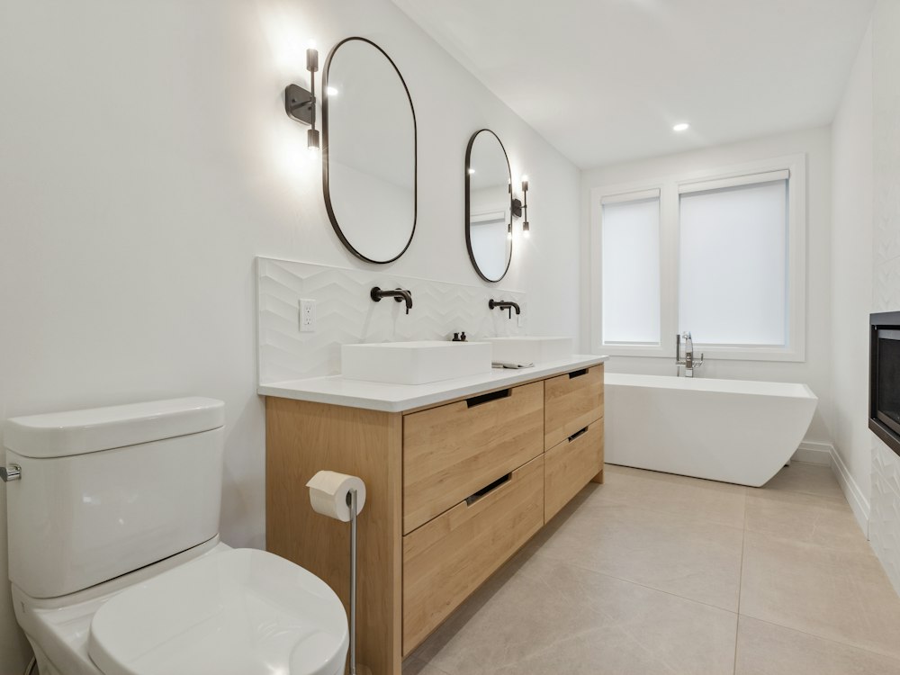 Modern bathroom with vanity and tub